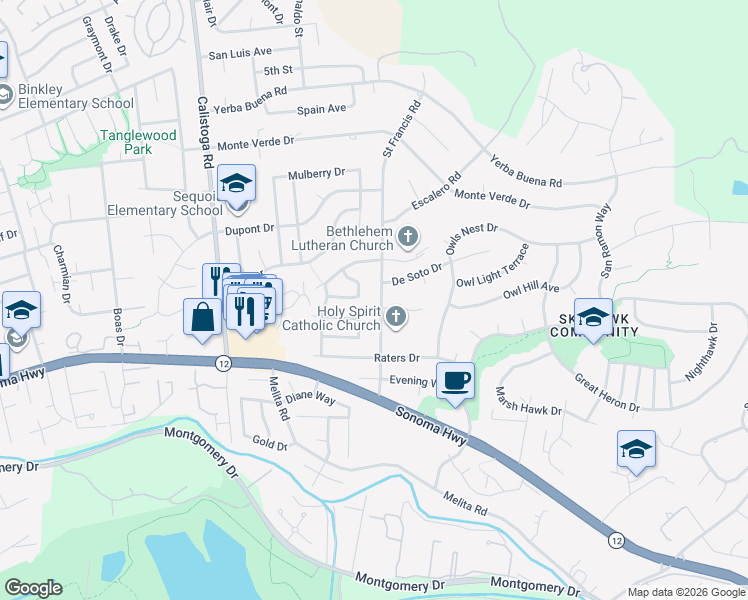 map of restaurants, bars, coffee shops, grocery stores, and more near 5536 El Encanto Circle in Santa Rosa