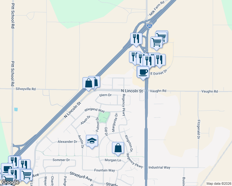 map of restaurants, bars, coffee shops, grocery stores, and more near 2100 Moore Drive in Dixon