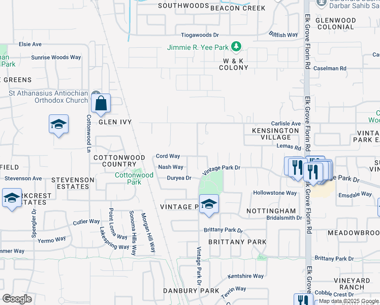 map of restaurants, bars, coffee shops, grocery stores, and more near 7500 Sunnyside Way in Sacramento