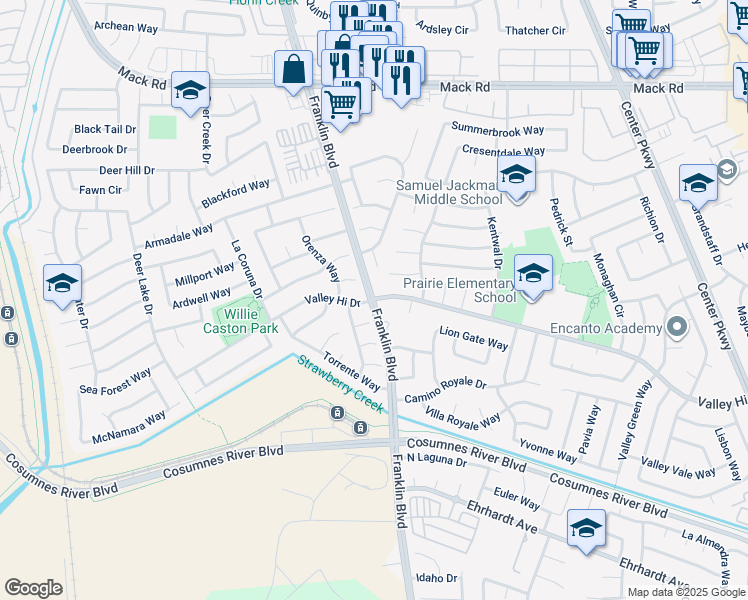 map of restaurants, bars, coffee shops, grocery stores, and more near Franklin Blvd & Valley Hi Dr in Sacramento