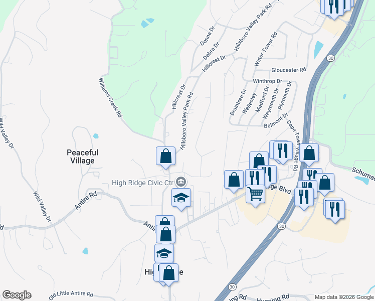 map of restaurants, bars, coffee shops, grocery stores, and more near 2701 Skyline Drive in High Ridge