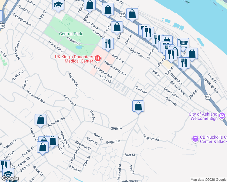 map of restaurants, bars, coffee shops, grocery stores, and more near Cs-2166 in Ashland