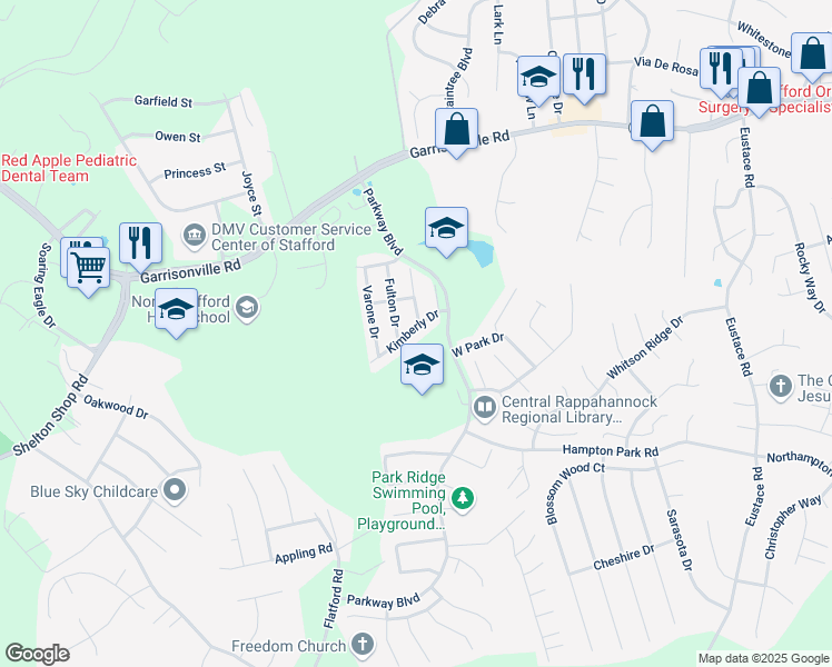 map of restaurants, bars, coffee shops, grocery stores, and more near 11 Kimberly Drive in Stafford