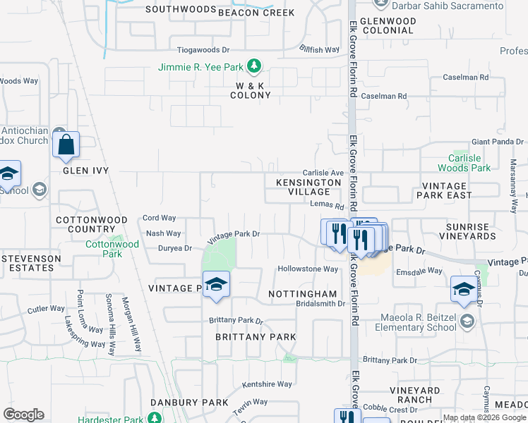 map of restaurants, bars, coffee shops, grocery stores, and more near 8755 Lemas Road in Sacramento