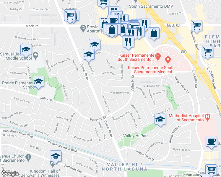 map of restaurants, bars, coffee shops, grocery stores, and more near 6139 Cushing Way in Sacramento