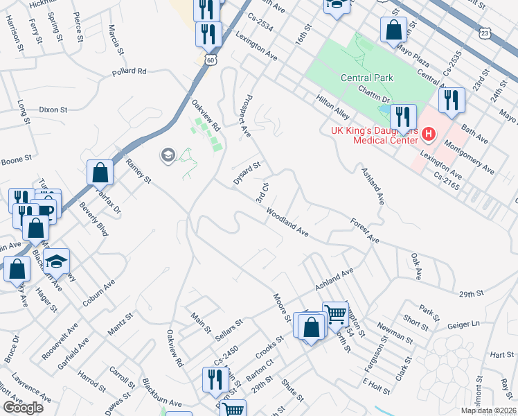 map of restaurants, bars, coffee shops, grocery stores, and more near 1932-1998 Woodland Avenue in Ashland