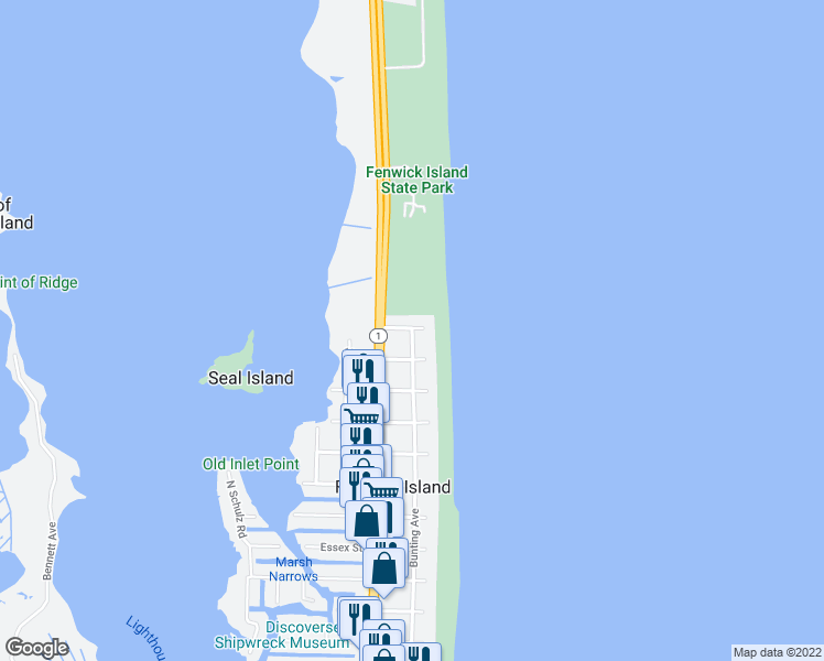 map of restaurants, bars, coffee shops, grocery stores, and more near 38949 Bunting Avenue in Fenwick Island
