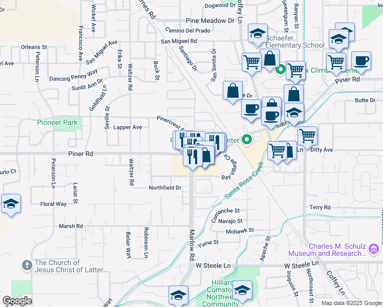 map of restaurants, bars, coffee shops, grocery stores, and more near Piner Rd & Marlow Rd in Santa Rosa