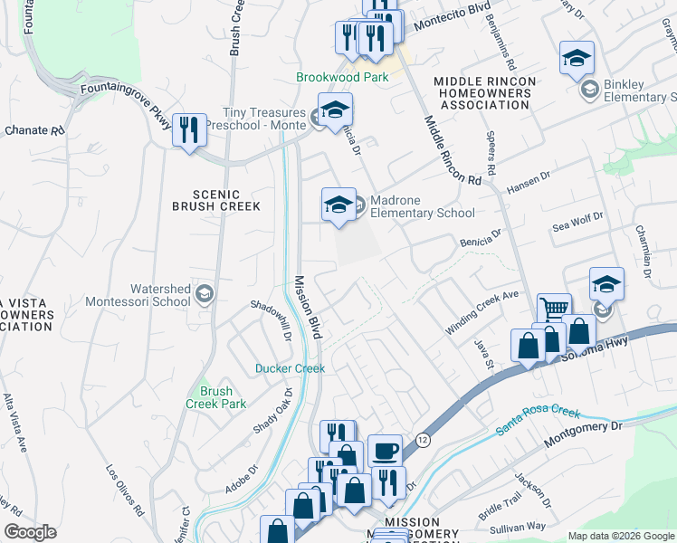 map of restaurants, bars, coffee shops, grocery stores, and more near 4459 Yukon Drive in Santa Rosa