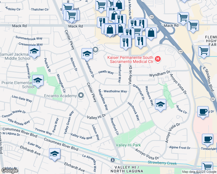 map of restaurants, bars, coffee shops, grocery stores, and more near 7928 Grandstaff Drive in Sacramento