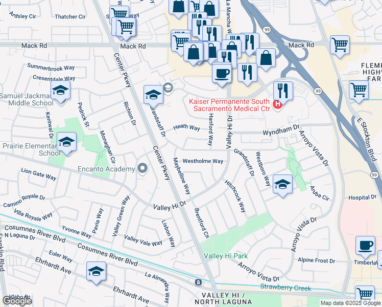 map of restaurants, bars, coffee shops, grocery stores, and more near 6139 Cushing Way in Sacramento