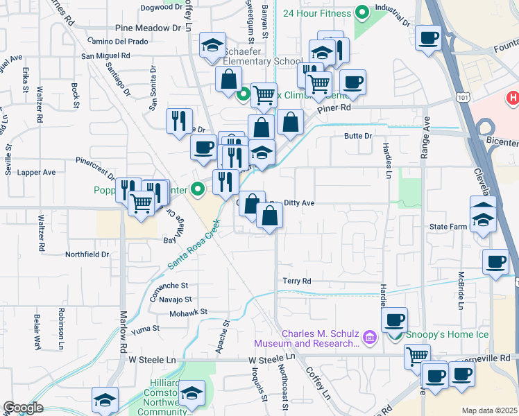 map of restaurants, bars, coffee shops, grocery stores, and more near 3130 Coffey Ln in Santa Rosa