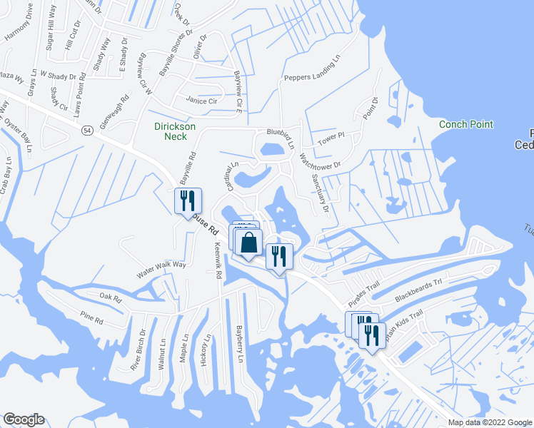 map of restaurants, bars, coffee shops, grocery stores, and more near 289 Pelican Lane in Selbyville