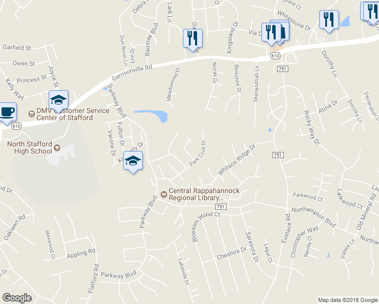 map of restaurants, bars, coffee shops, grocery stores, and more near 108 Park Brook Court in Stafford