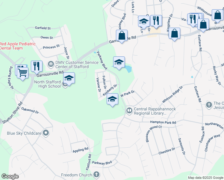 map of restaurants, bars, coffee shops, grocery stores, and more near 9 Kimberly Drive in Stafford