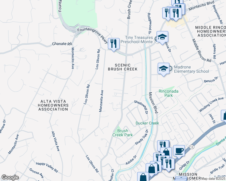 map of restaurants, bars, coffee shops, grocery stores, and more near 1617 Brush Creek Road in Santa Rosa