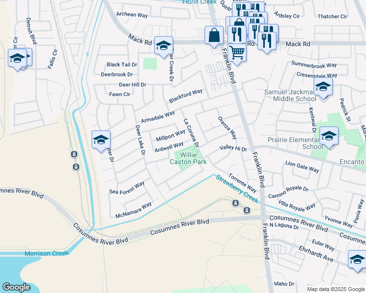 map of restaurants, bars, coffee shops, grocery stores, and more near 4355 Ardwell Way in Sacramento