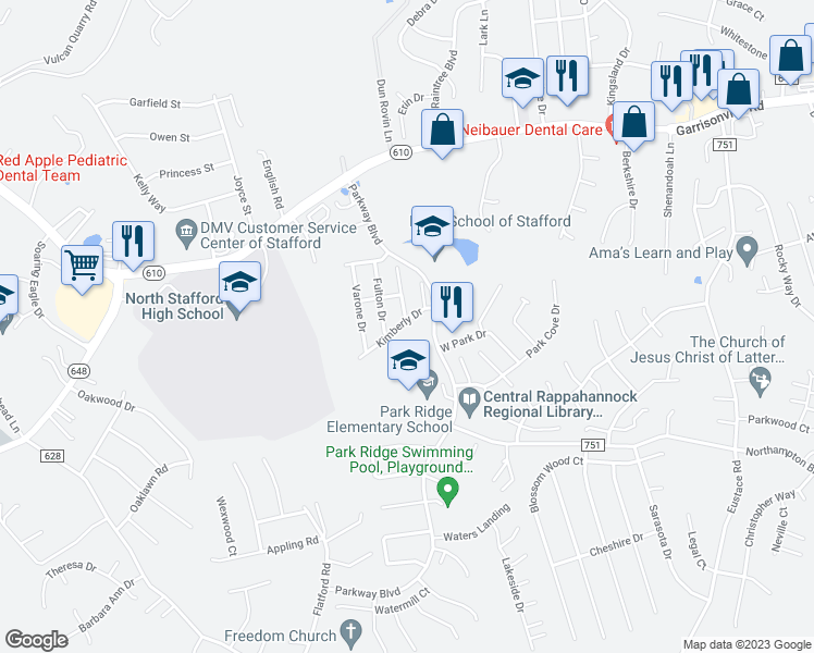 map of restaurants, bars, coffee shops, grocery stores, and more near 9 Kimberly Drive in Stafford
