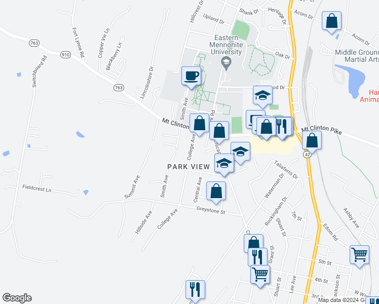 map of restaurants, bars, coffee shops, grocery stores, and more near 1032 College Avenue in Harrisonburg