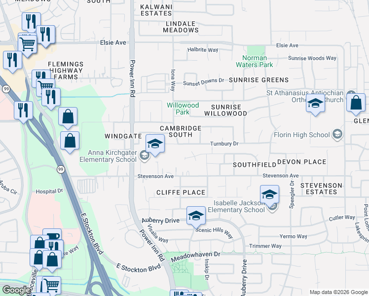 map of restaurants, bars, coffee shops, grocery stores, and more near 8213 Turnbury Drive in Sacramento