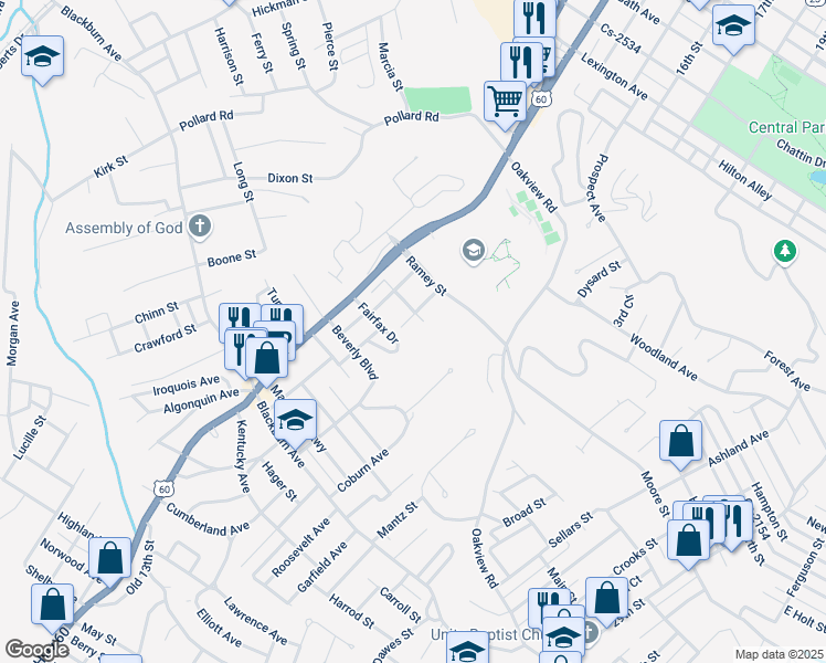 map of restaurants, bars, coffee shops, grocery stores, and more near 1704 Ester Street in Ashland
