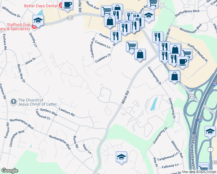 map of restaurants, bars, coffee shops, grocery stores, and more near 504 Pinnacle Drive in Stafford