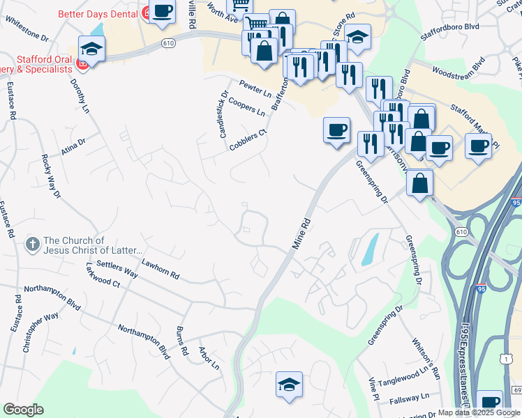 map of restaurants, bars, coffee shops, grocery stores, and more near 504 Pinnacle Drive in Stafford