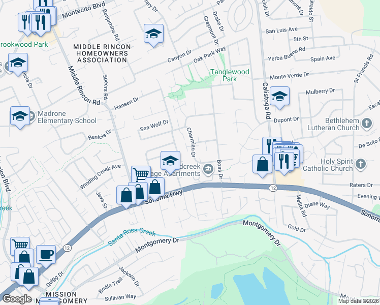 map of restaurants, bars, coffee shops, grocery stores, and more near 5062 Charmian Drive in Santa Rosa