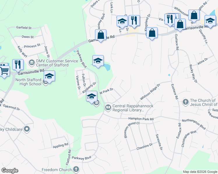 map of restaurants, bars, coffee shops, grocery stores, and more near 305 Waters Cove Court in Stafford