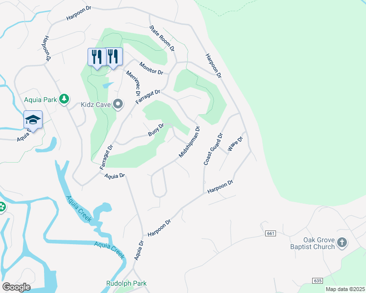 map of restaurants, bars, coffee shops, grocery stores, and more near 2035 Midshipman Drive in Stafford
