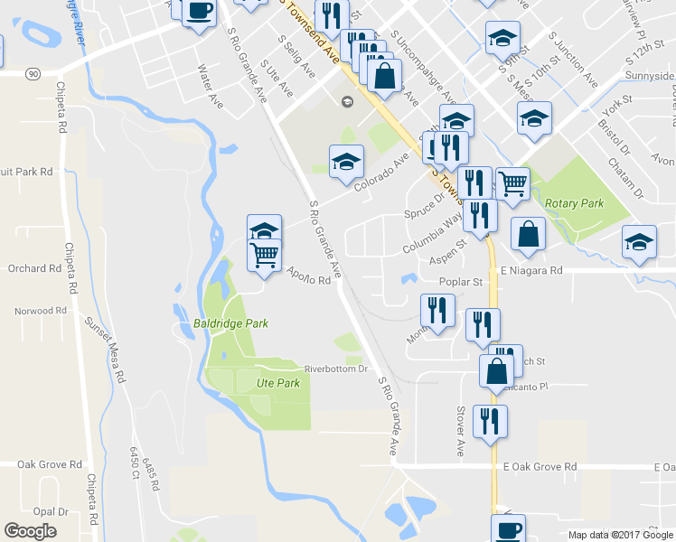 map of restaurants, bars, coffee shops, grocery stores, and more near South Rio Grande Avenue in Montrose