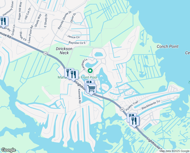 map of restaurants, bars, coffee shops, grocery stores, and more near 289 Pelican Lane in Selbyville