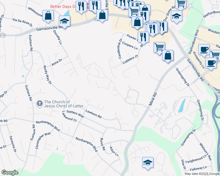 map of restaurants, bars, coffee shops, grocery stores, and more near 165 Whitson Woods Place in Stafford