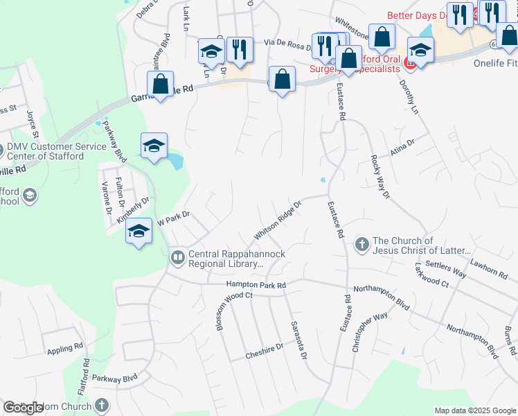 map of restaurants, bars, coffee shops, grocery stores, and more near 12 Fieldstone Court in Stafford