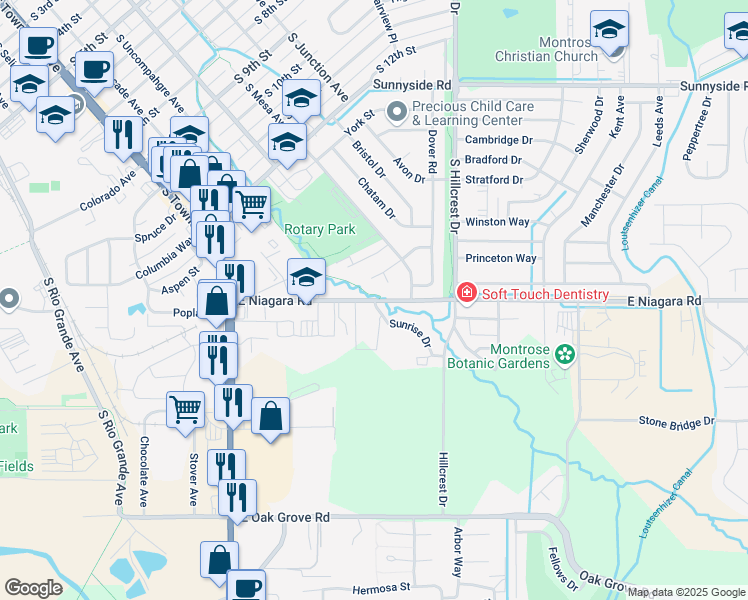 map of restaurants, bars, coffee shops, grocery stores, and more near 1821 East Niagara Road in Montrose
