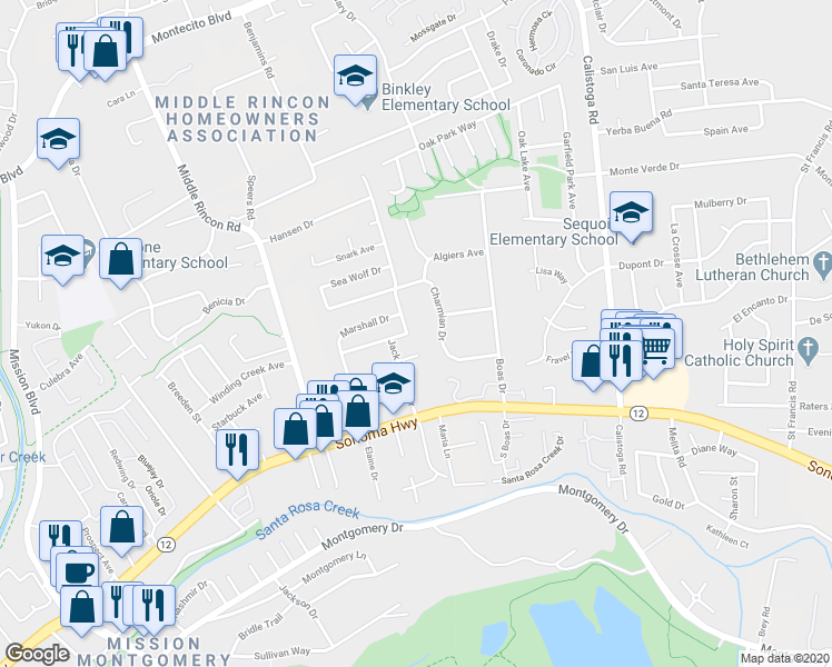 map of restaurants, bars, coffee shops, grocery stores, and more near 512 Jack London Drive in Santa Rosa