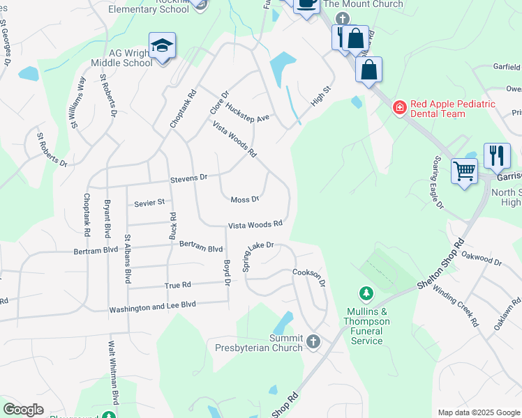 map of restaurants, bars, coffee shops, grocery stores, and more near 24 Moss Drive in Stafford