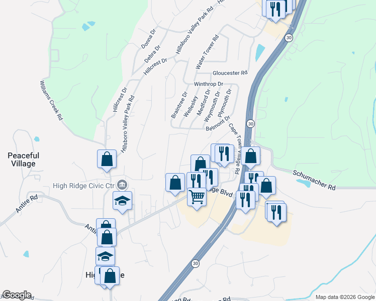 map of restaurants, bars, coffee shops, grocery stores, and more near 2666 Ridge Dr in High Ridge