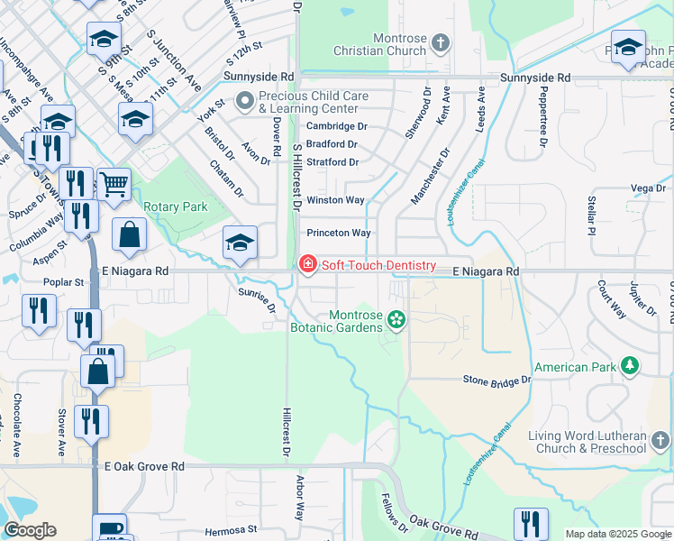 map of restaurants, bars, coffee shops, grocery stores, and more near 2105 East Niagara Road in Montrose