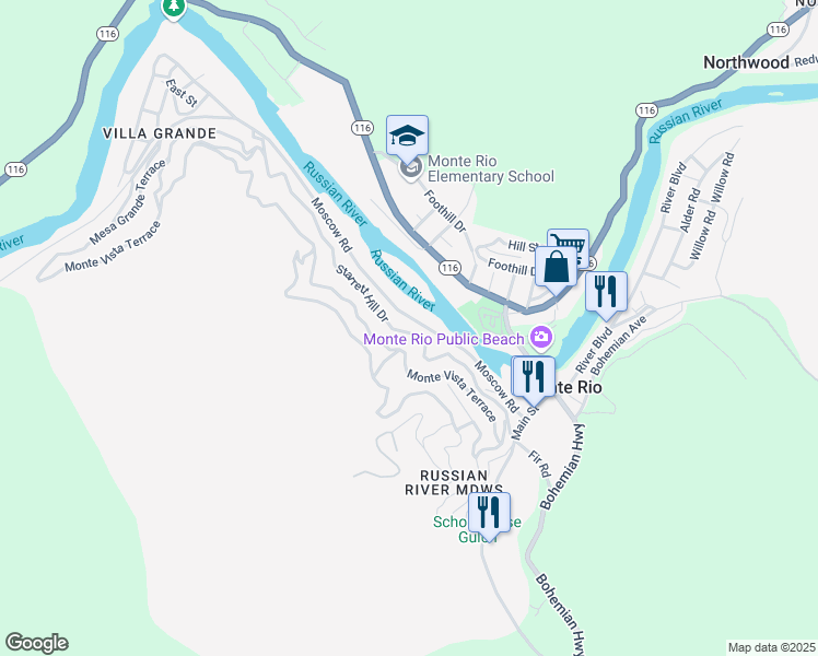 map of restaurants, bars, coffee shops, grocery stores, and more near 21607 Moscow Road in Monte Rio