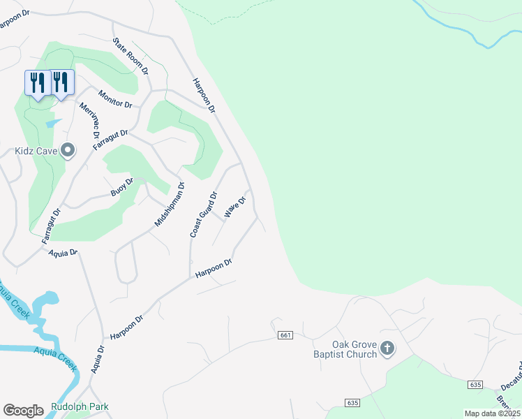 map of restaurants, bars, coffee shops, grocery stores, and more near 2320 Harpoon Drive in Stafford