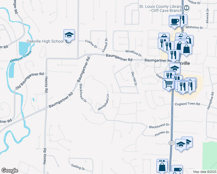 map of restaurants, bars, coffee shops, grocery stores, and more near 2807 Innsbruck Drive in St. Louis