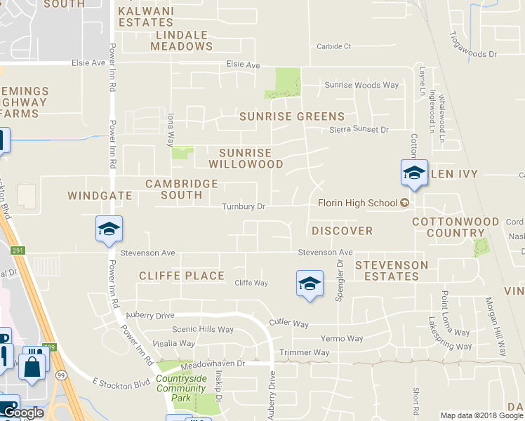 map of restaurants, bars, coffee shops, grocery stores, and more near 8288 Turnbury Drive in Sacramento
