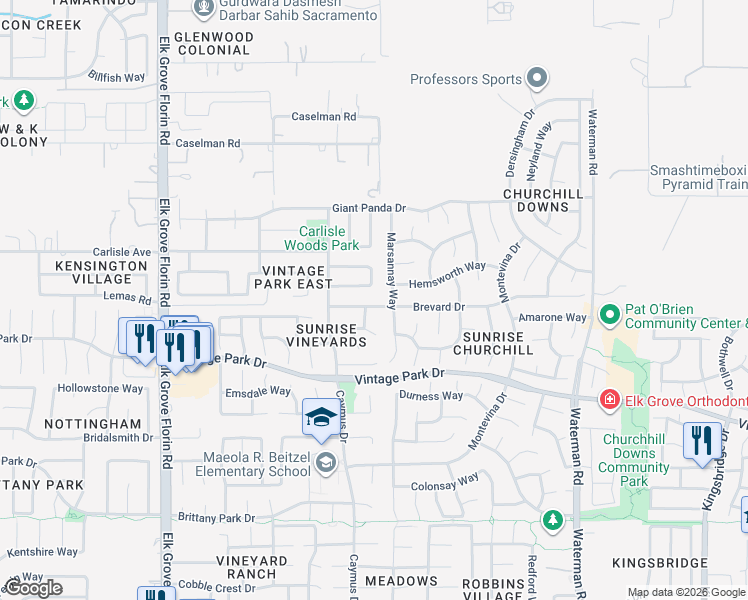 map of restaurants, bars, coffee shops, grocery stores, and more near 9129 La Maison Circle in Sacramento