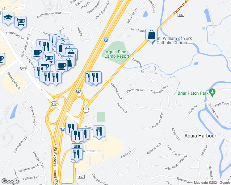 map of restaurants, bars, coffee shops, grocery stores, and more near 22 Coachman Circle in Stafford