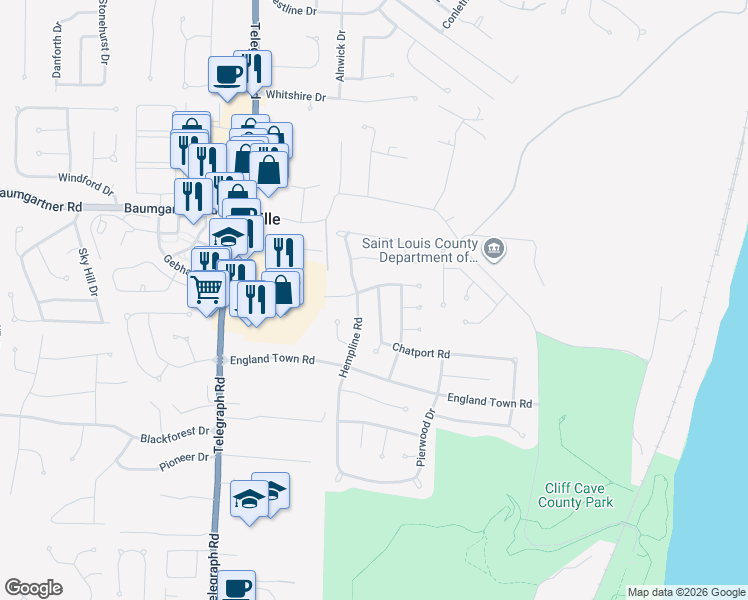 map of restaurants, bars, coffee shops, grocery stores, and more near 5702 Hempline Road in St. Louis