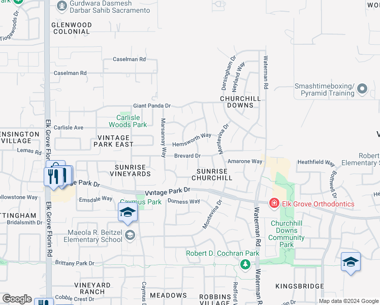 map of restaurants, bars, coffee shops, grocery stores, and more near 9141 Brevard Drive in Sacramento