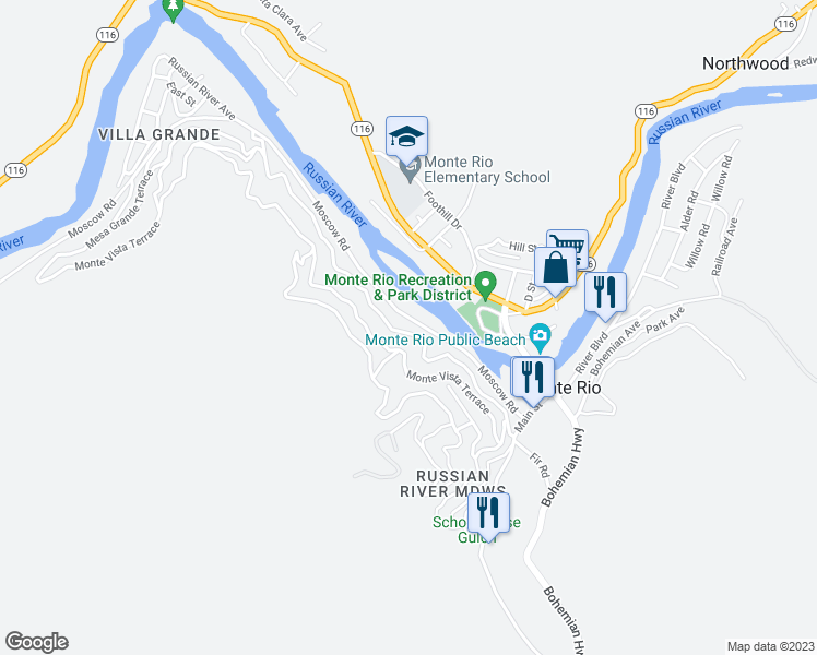 map of restaurants, bars, coffee shops, grocery stores, and more near 21607 Moscow Road in Monte Rio