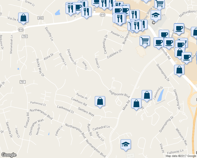 map of restaurants, bars, coffee shops, grocery stores, and more near 1109 Highpointe Boulevard in Stafford