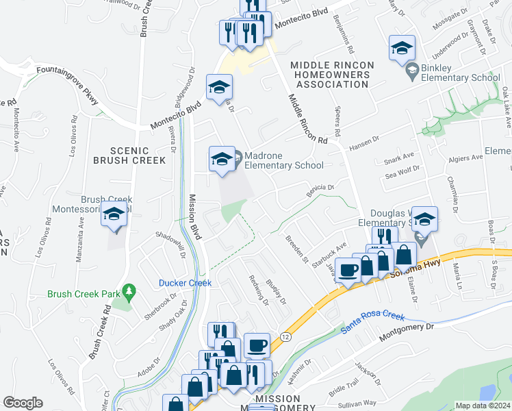 map of restaurants, bars, coffee shops, grocery stores, and more near 4651 Sorrento Way in Santa Rosa
